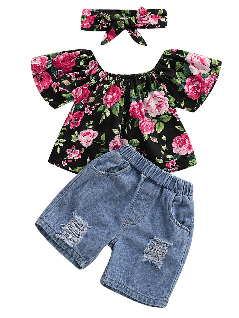Shorts Set for Girls with Belt Floral top for Kids Toddlers Turkish ...