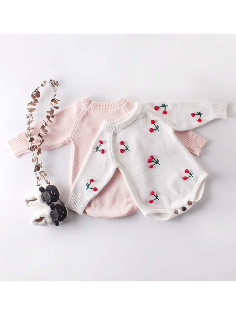 Wholesale Baby Cherry Trim Knit Romper 19100907 - kiski