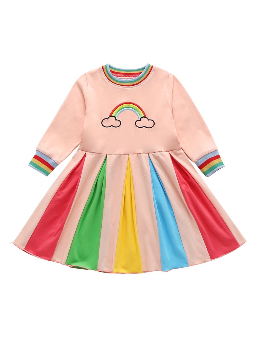 Wholesale Little Girls Rainbow Long Sleeve Dress 191127