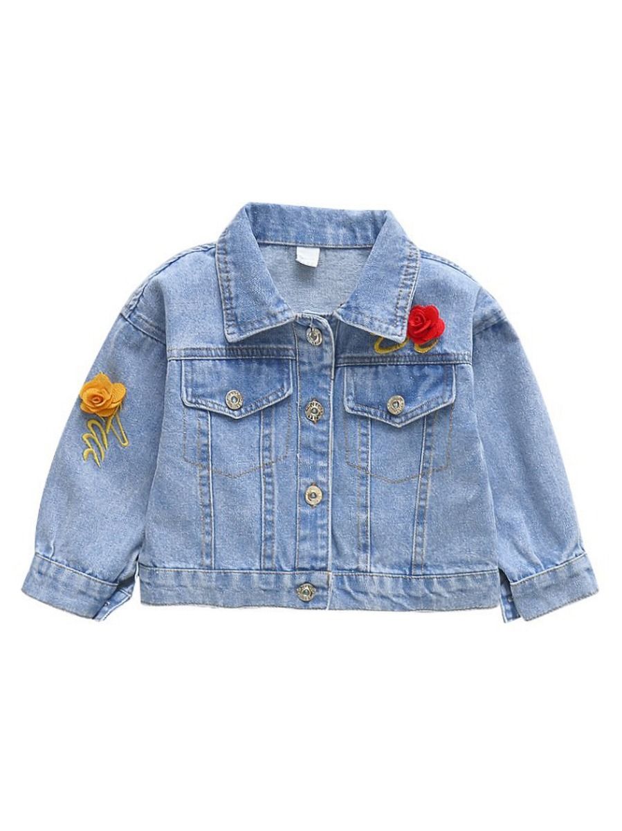 Wholesale Fashion Little Girl Flower Trim Denim Jacket