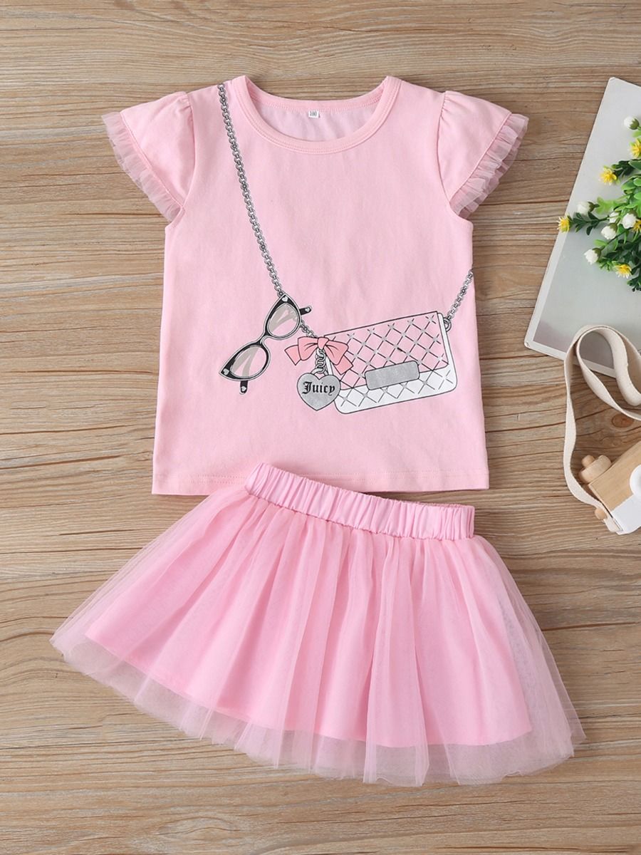 Wholesale 2-Piece Little Girl Pink T-shirt and Tulle Sk