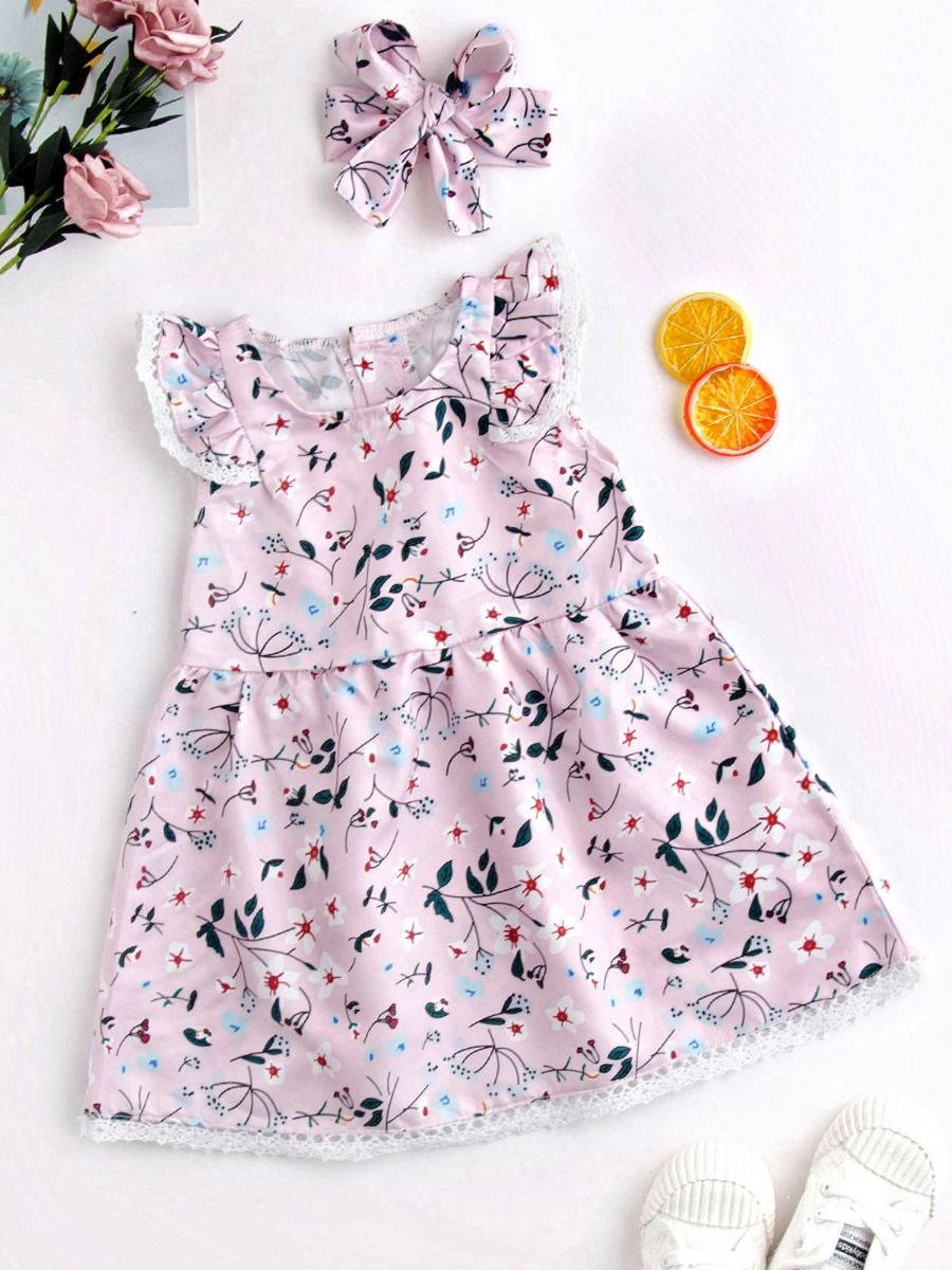Wholesale 2-Piece Baby Girl Floral Lace Trim Dress Matc