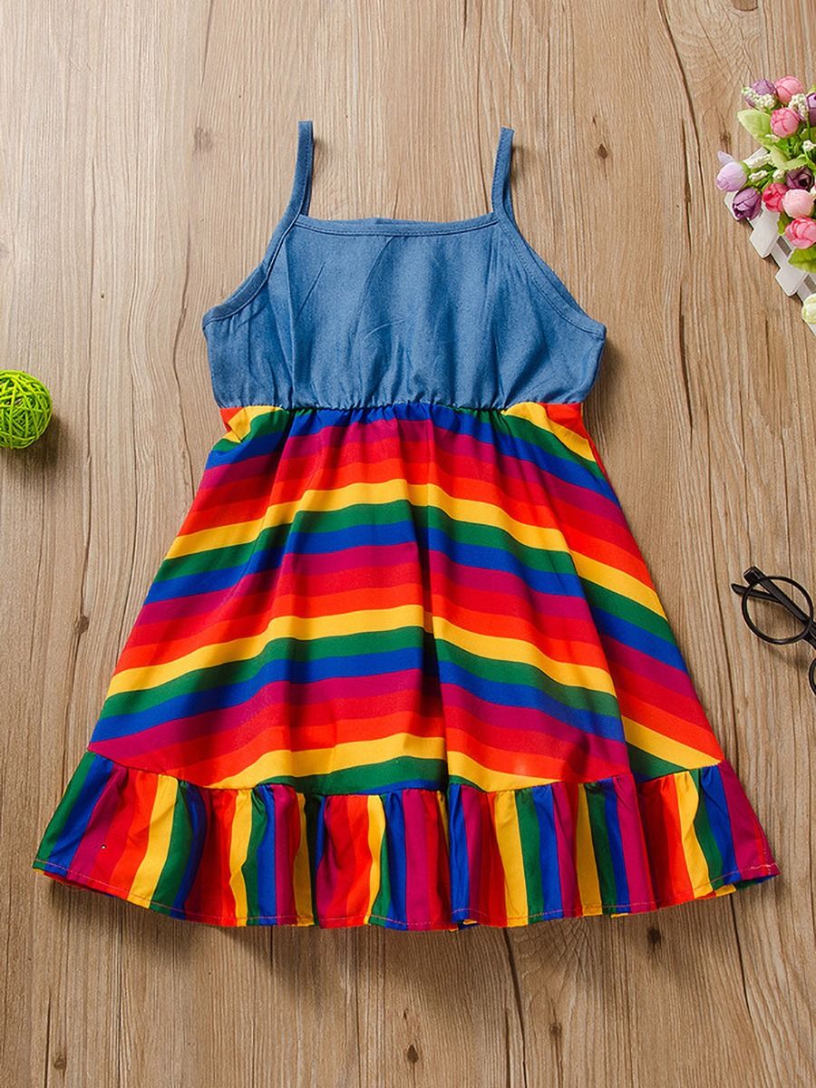 Wholesale Kid Girl Sleeveless Rainbow Suspender Dress 2