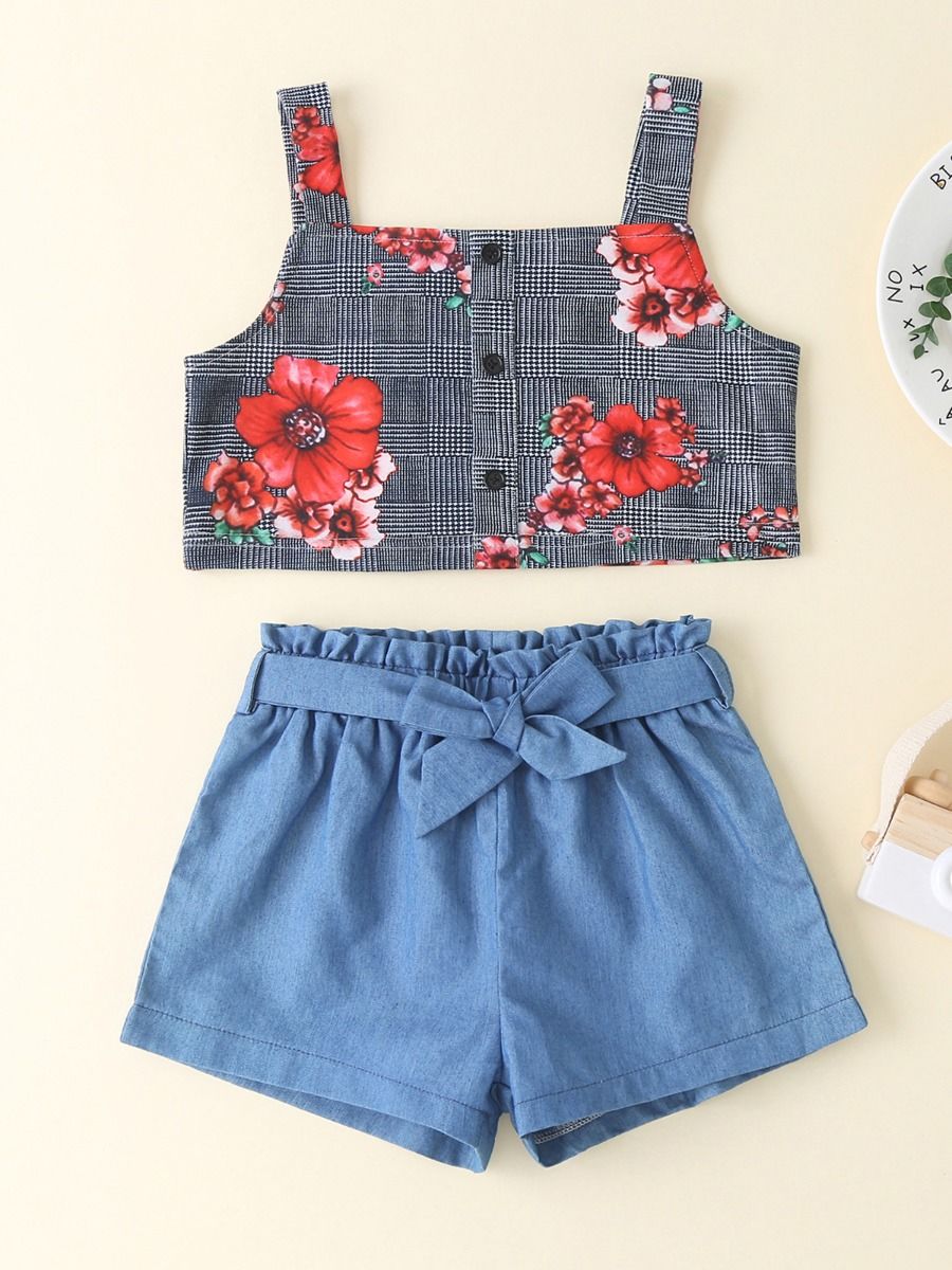 Wholesale 2- Piece Summer Kid Girl Floral Top & Belted
