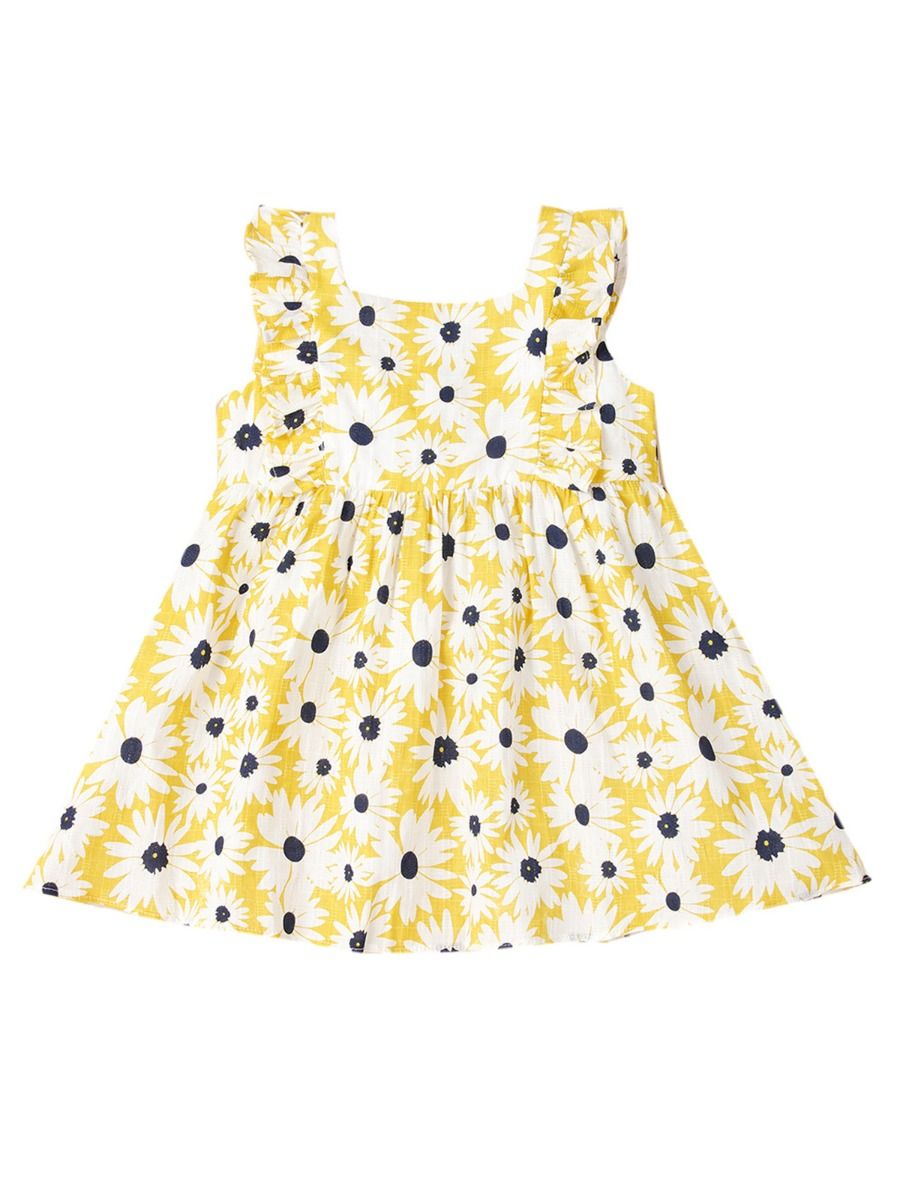 Wholesale Baby Girl Flower Printed Yellow Suspender Dre