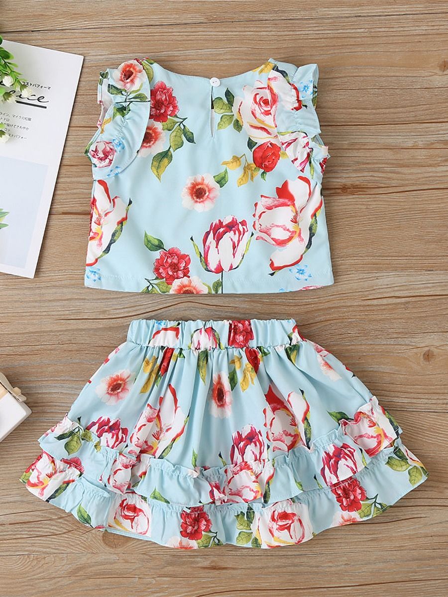 Wholesale 2 Pieces Flower Printed Little Girl Set Ruffl