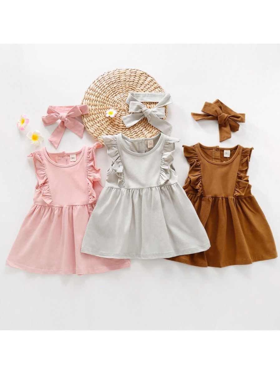 Wholesale 2 Piece Kid Girl Ruffle Sleeve Solid Color Dr