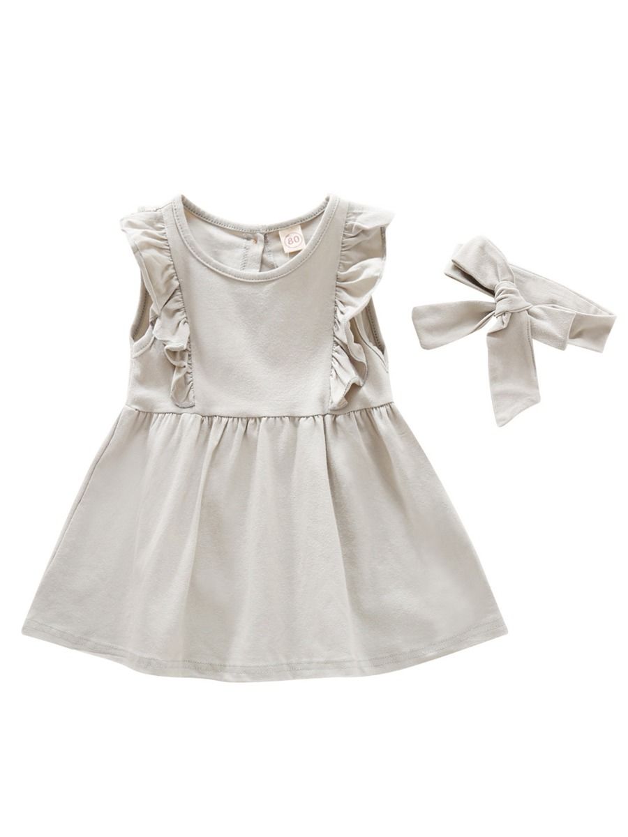 Wholesale 2 Piece Kid Girl Ruffle Sleeve Solid Color Dr
