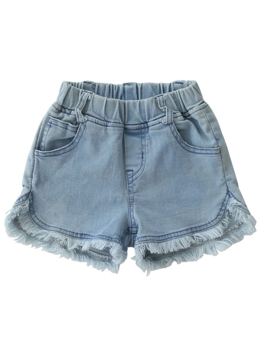 Wholesale Kid Girl Fringed Hem Elastic Waist Blue Denim