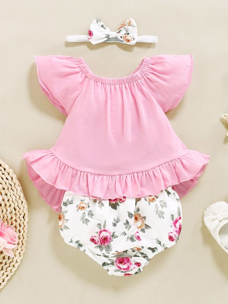 Wholesale 3 Pieces Baby Girl Floral Set Flutter Sleeve