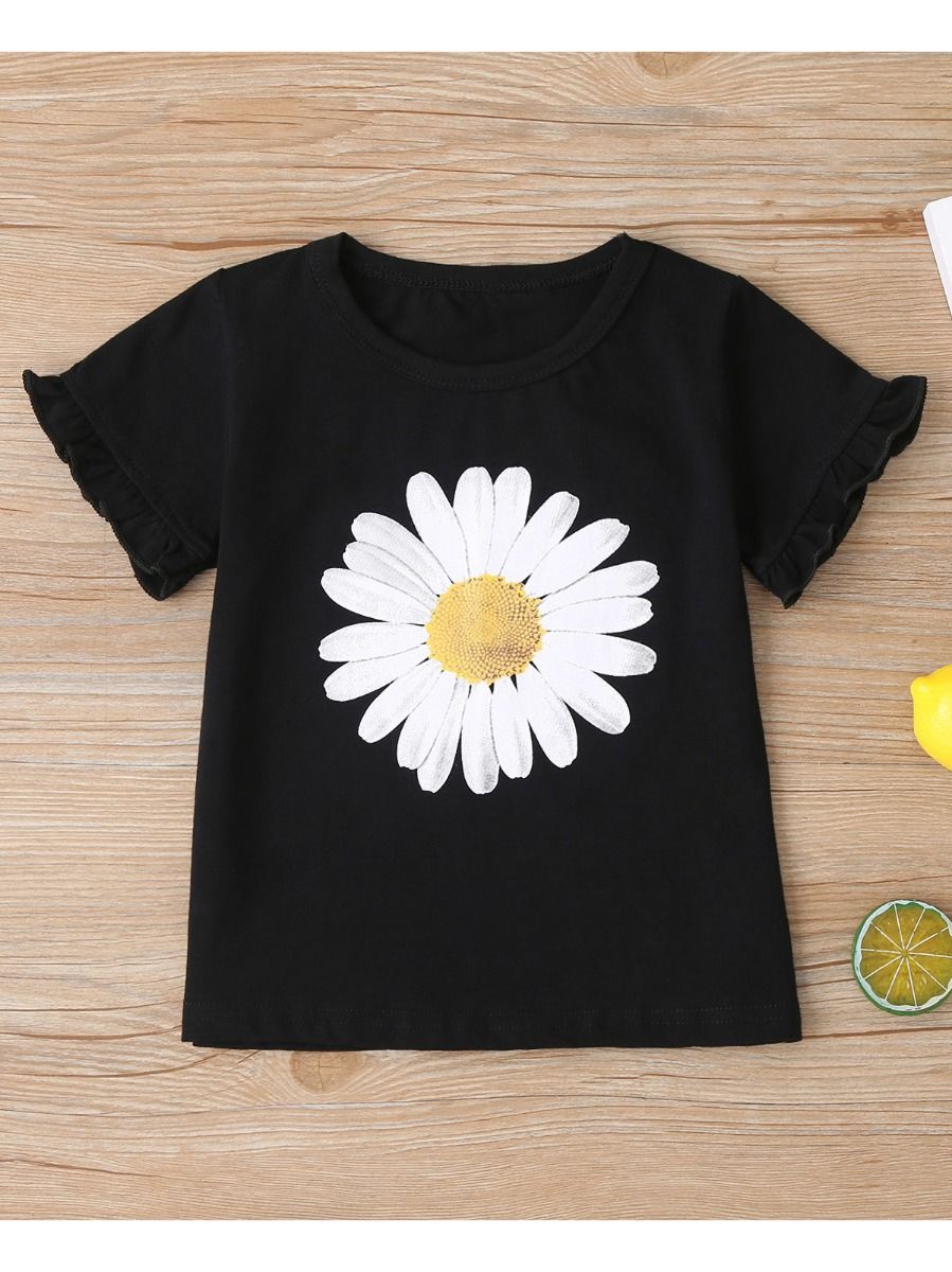 Wholesale Simple Little Girl Daisy Flower Black T-Shirt