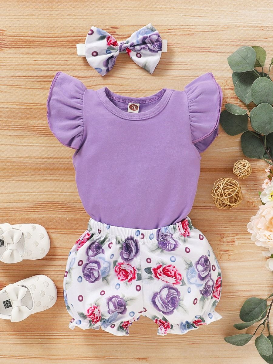 Wholesale 3 Pieces Baby Girl Flower Print Set Flutter S