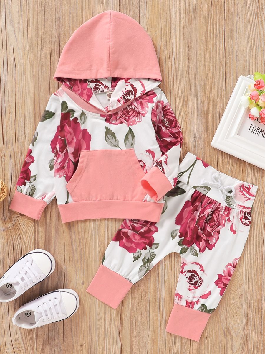 Wholesale 2 Pieces Baby Girl Floral Print Set Hoodie To