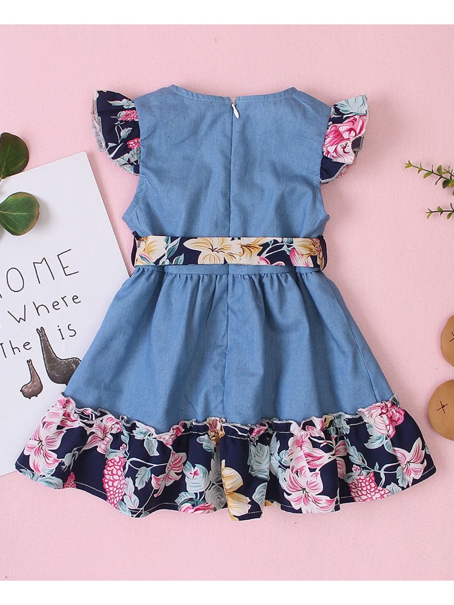 Wholesale Toddler Girl Flower Print Belted Denim Blue D