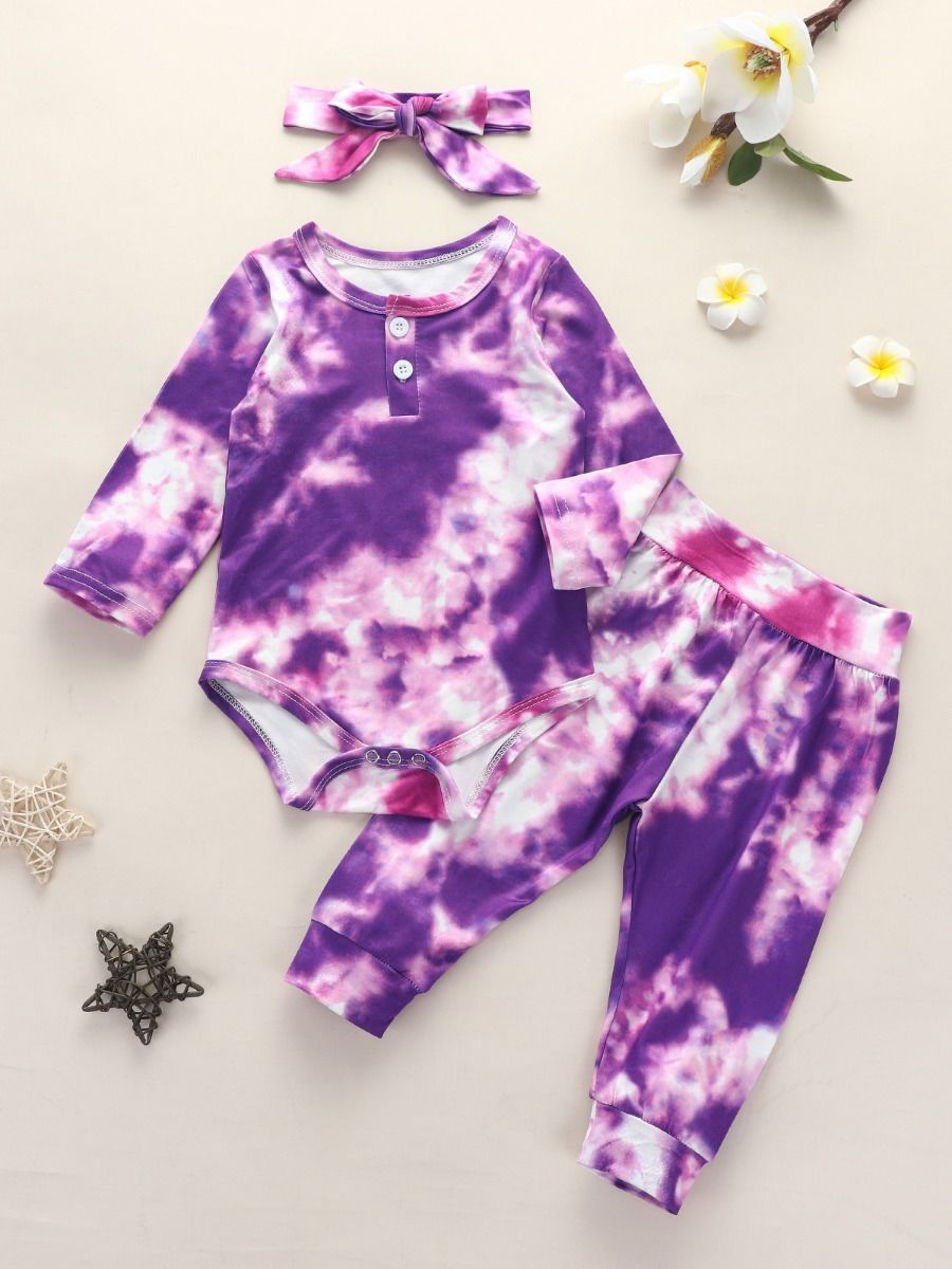 Wholesale 3 Pieces Baby Girl Tie Dye Casual Set Bodysui