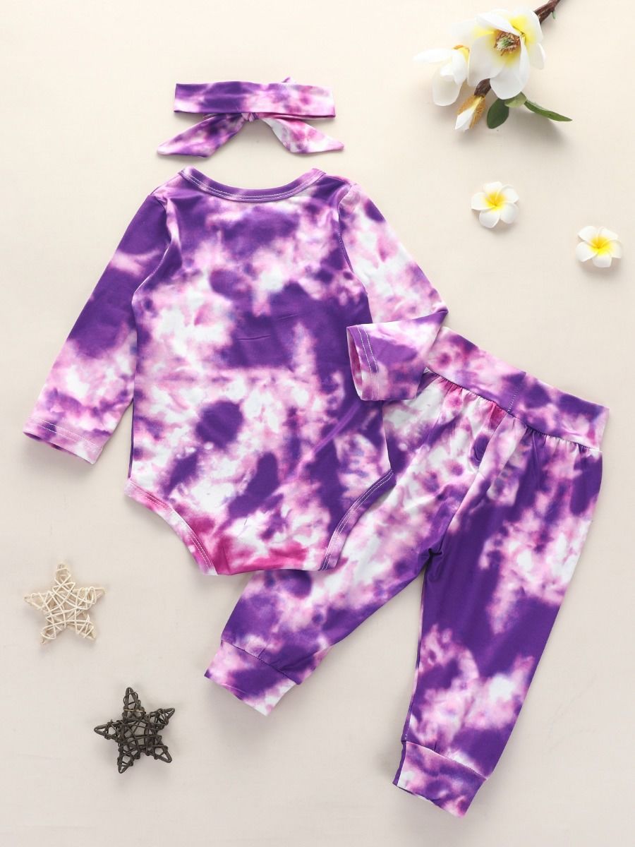 Wholesale 3 Pieces Baby Girl Tie Dye Casual Set Bodysui