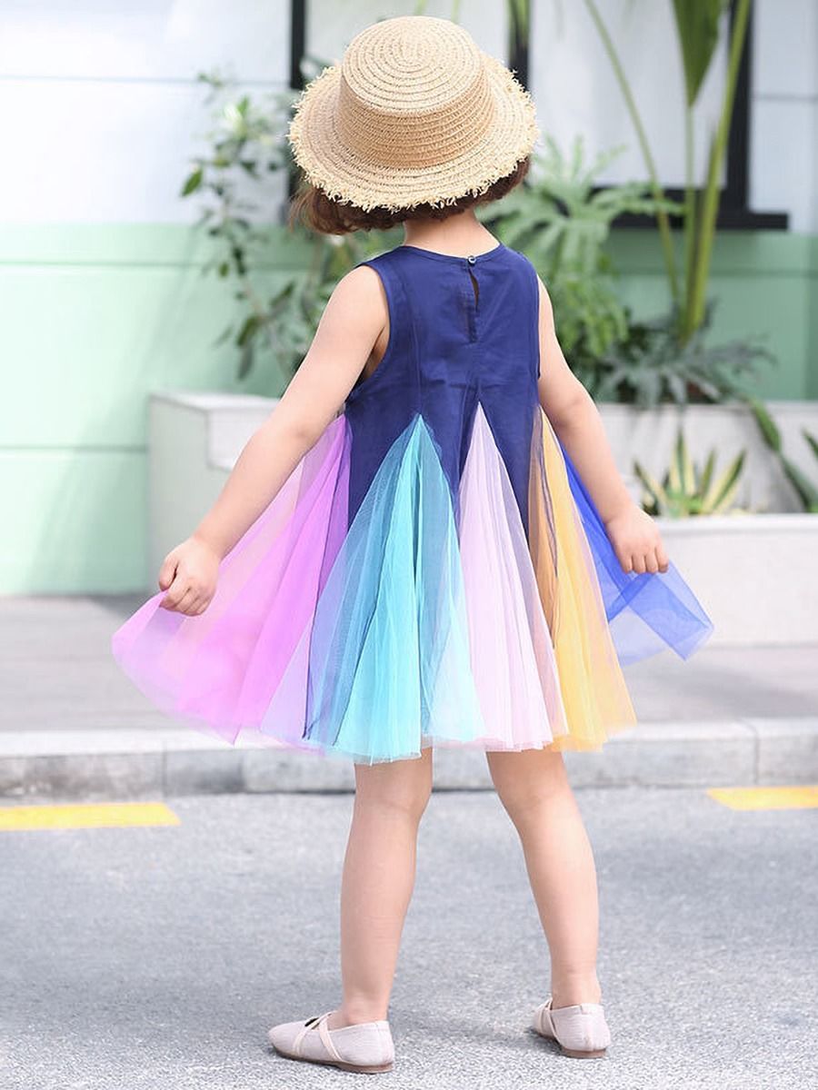 Wholesale Sleeveless Rainbow Mesh Patchwork Chiffon Dre