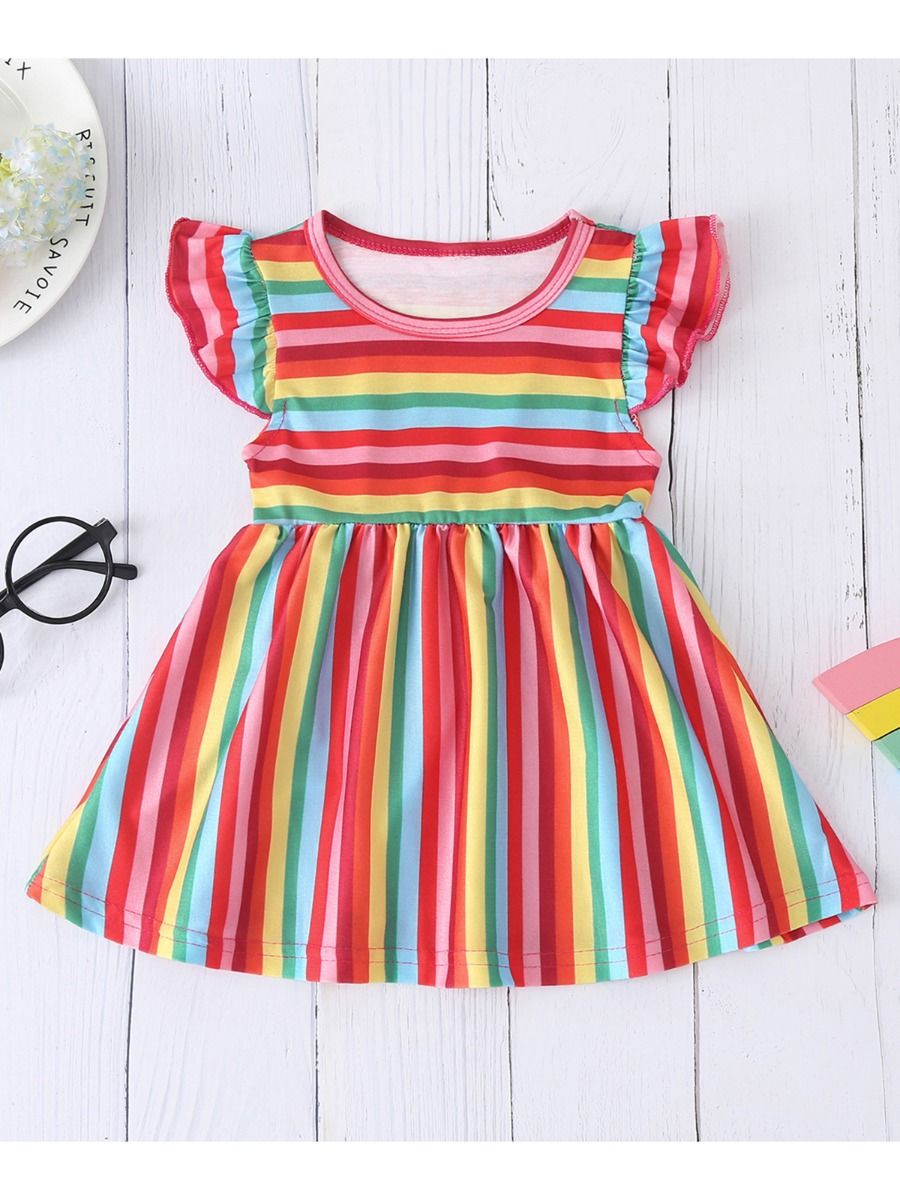 Wholesale Toddler Girl Rainbow Stripe Flutter Sleeve Dr