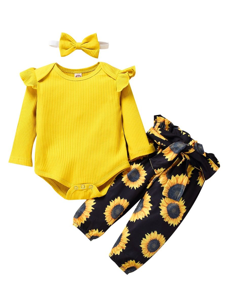 Wholesale 3 Piece Baby Girl Flower Set Ribbed Bodysuit