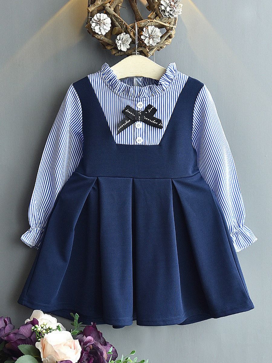 Wholesale Fake Two Pieces Kid Girl Stripe Bowknot Dress