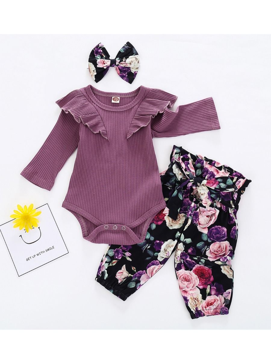 Wholesale 3 Pcs Baby Girl Ribbed Purple Set Bodysuit