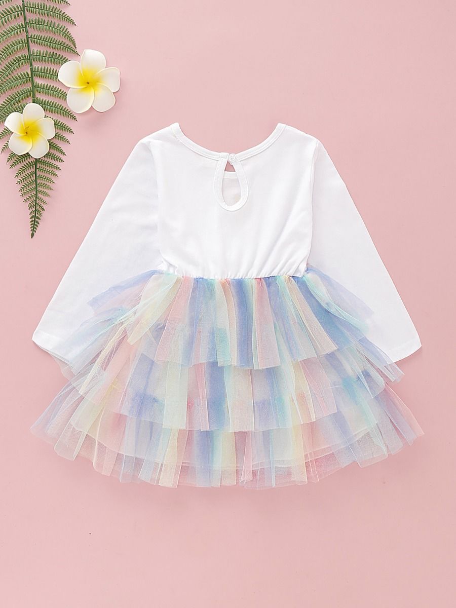 Wholesale Kid Girl Unicorn Rainbow Mesh Dress 200818123