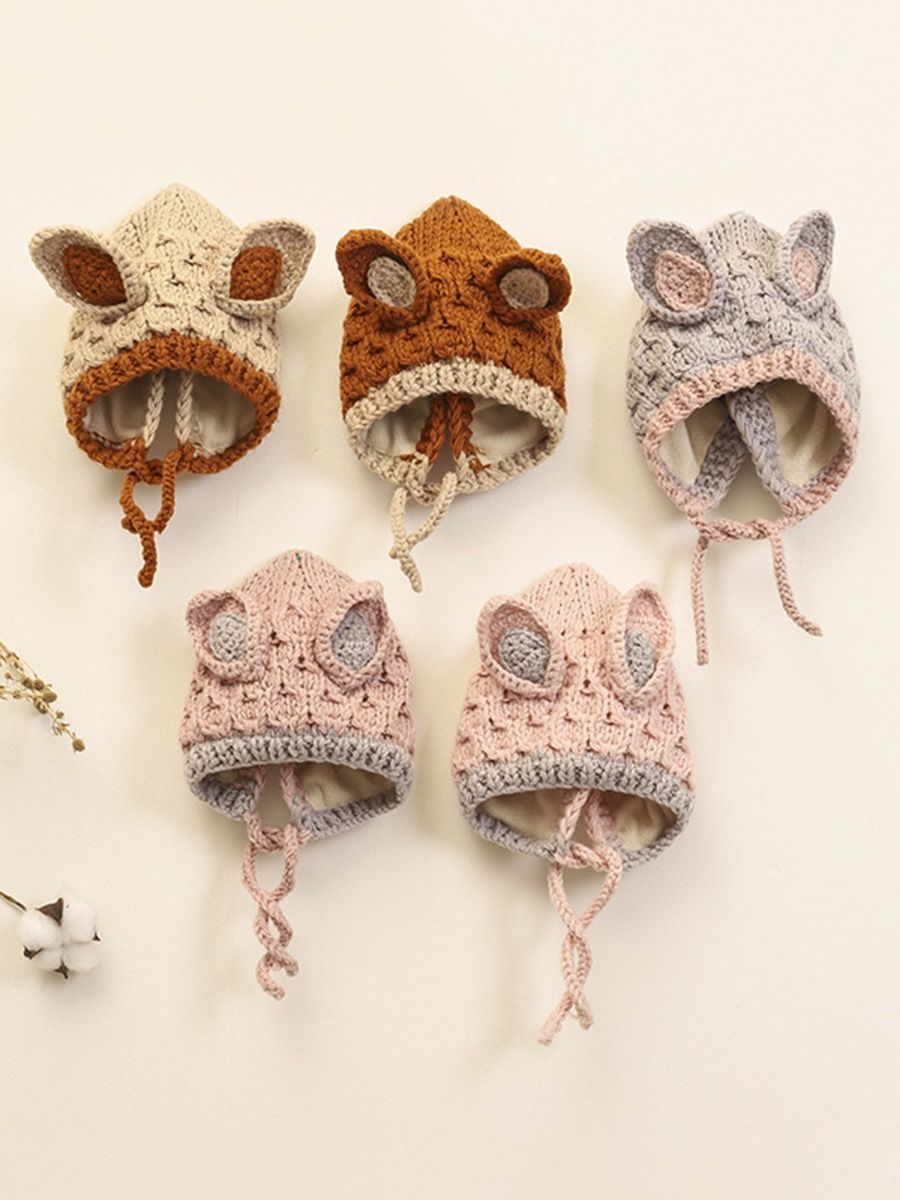 kiskissing wholesale Baby Rabbit Ear Color Blocking Knit Hat