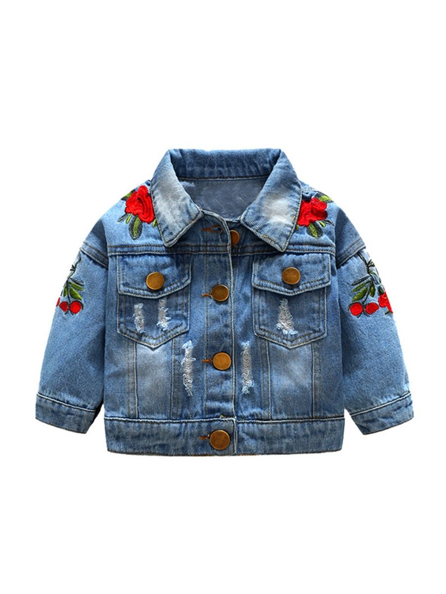 Wholesale Kid Girl Embroidery Flowers Ripped Denim Jack