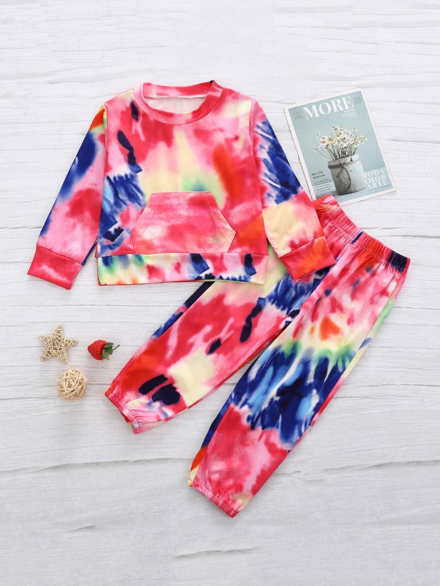 Wholesale 2 Pieces Kid Girl Tie Dye Set Kangaroo Pocket