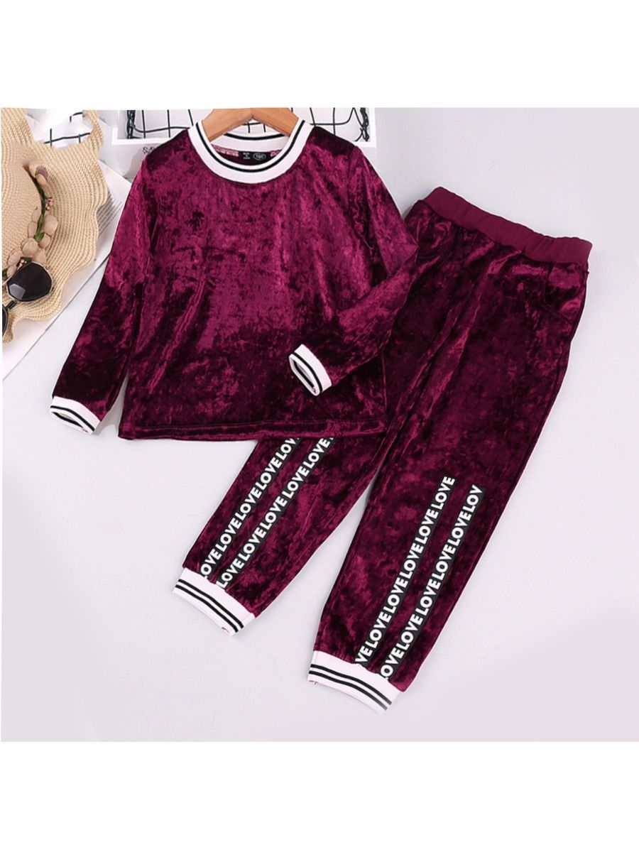 Wholesale 2-Piece Kid Girl Velvet Stripe Love Set Top W