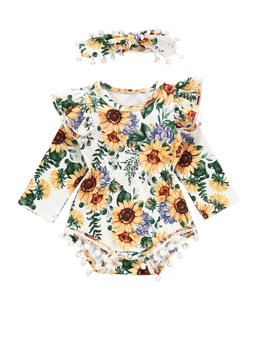 Wholesale 2 Pieces Baby Girl Sunflower Pom Pom Bodysuit