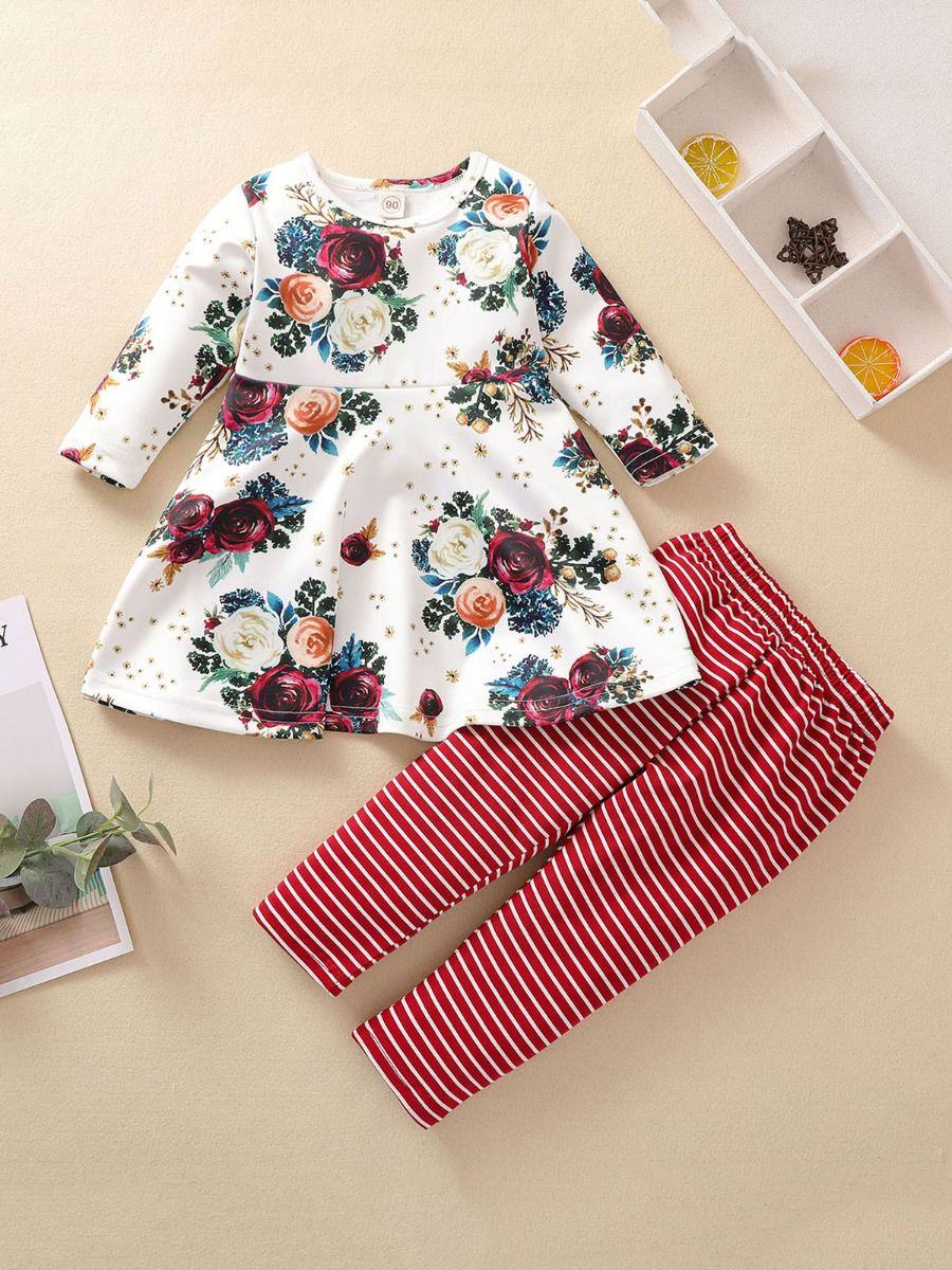 Wholesale 2 Pieces Kid Girl Flower Top With Striped Pan