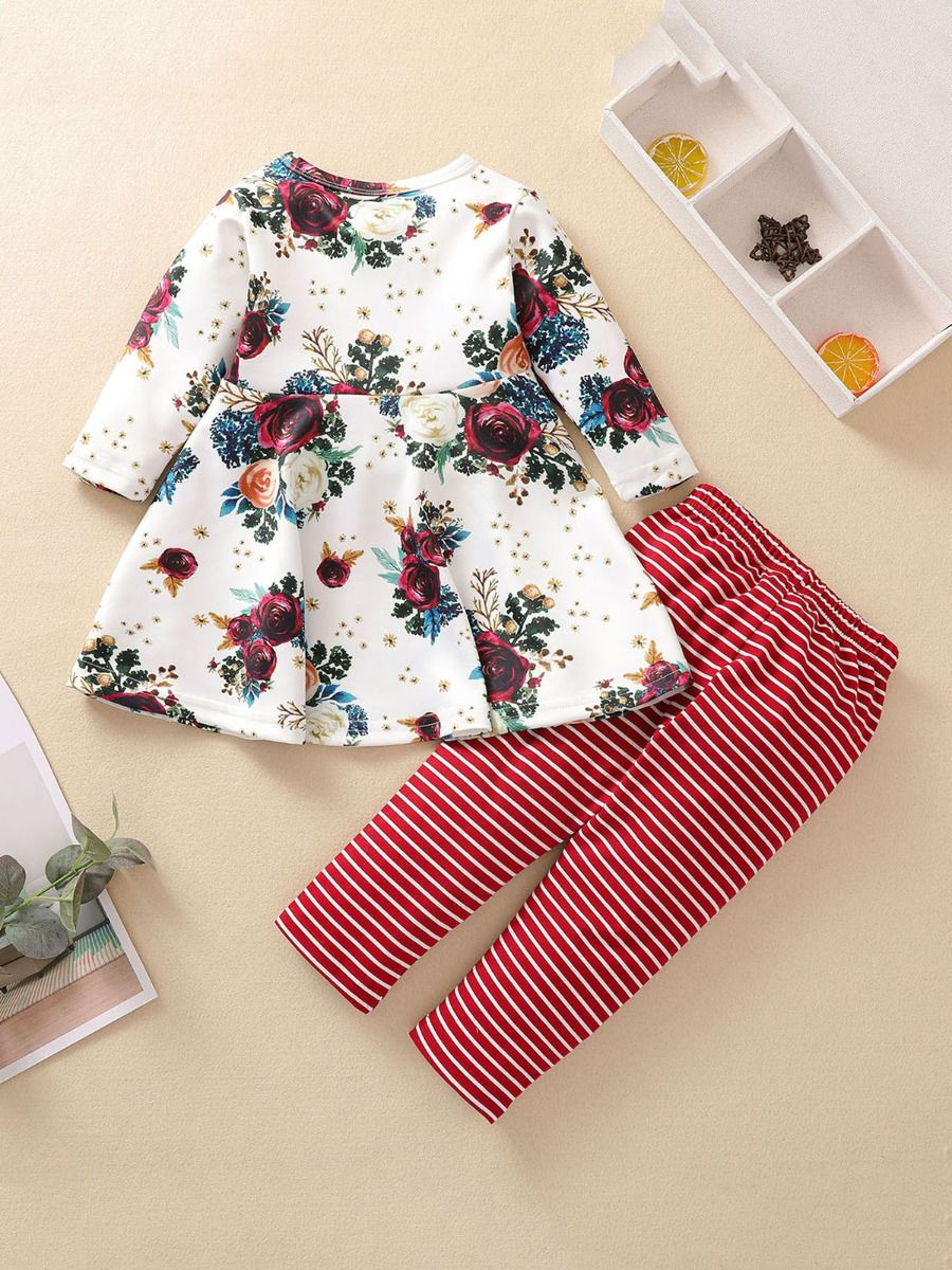 Wholesale 2 Pieces Kid Girl Flower Top With Striped Pan