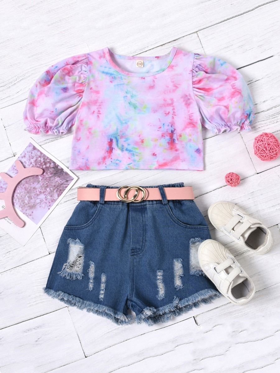 Wholesale 2 PCS Kid Girl Puff Sleeve Tie Dye Top And Be