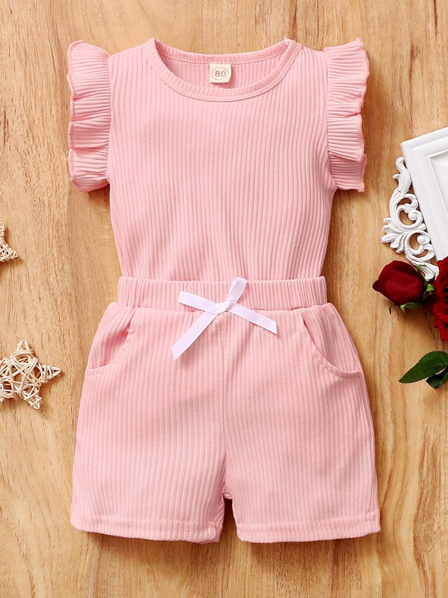 Wholesale 2-Piece Little Girl Ribbed Flutter Sleeve Top