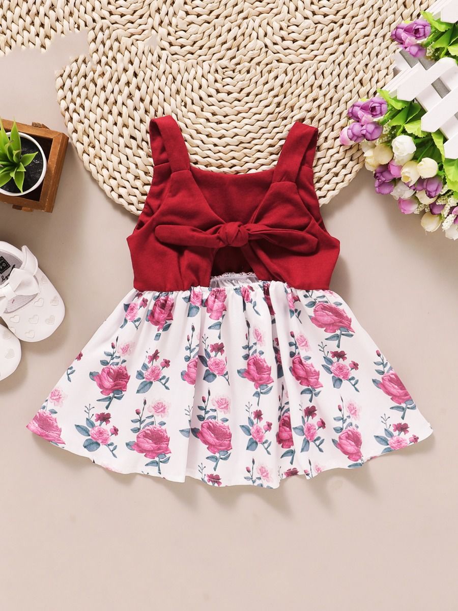 kiskissing wholesale Baby Girl Floral Bow Decor Tank Dress