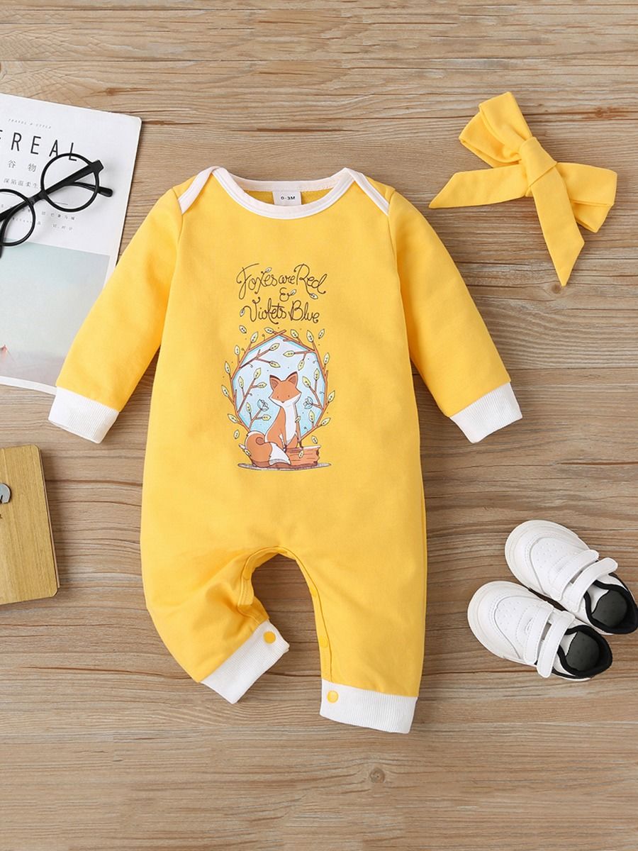 kiskissing wholesale 2 Pieces Baby Girl Fox Letter Yellow Jumpsuit