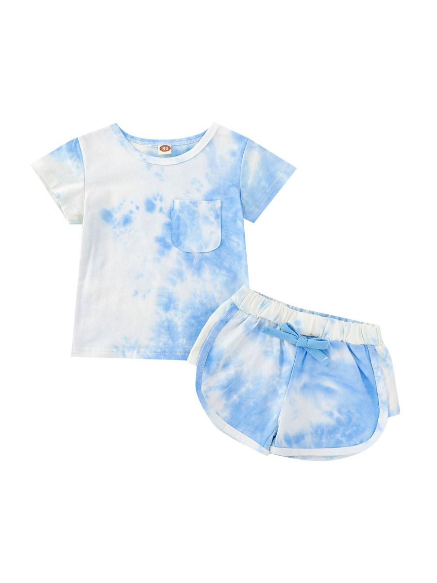 Wholesale Two Pieces Little Girls Tie-dye Outfits Pocke