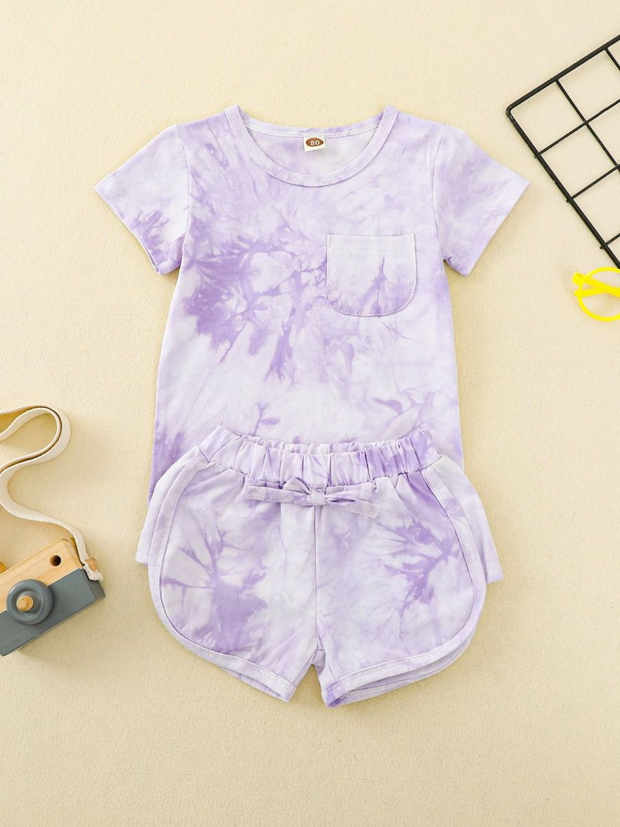 Wholesale Two Pieces Little Girls Tie-dye Outfits Pocke