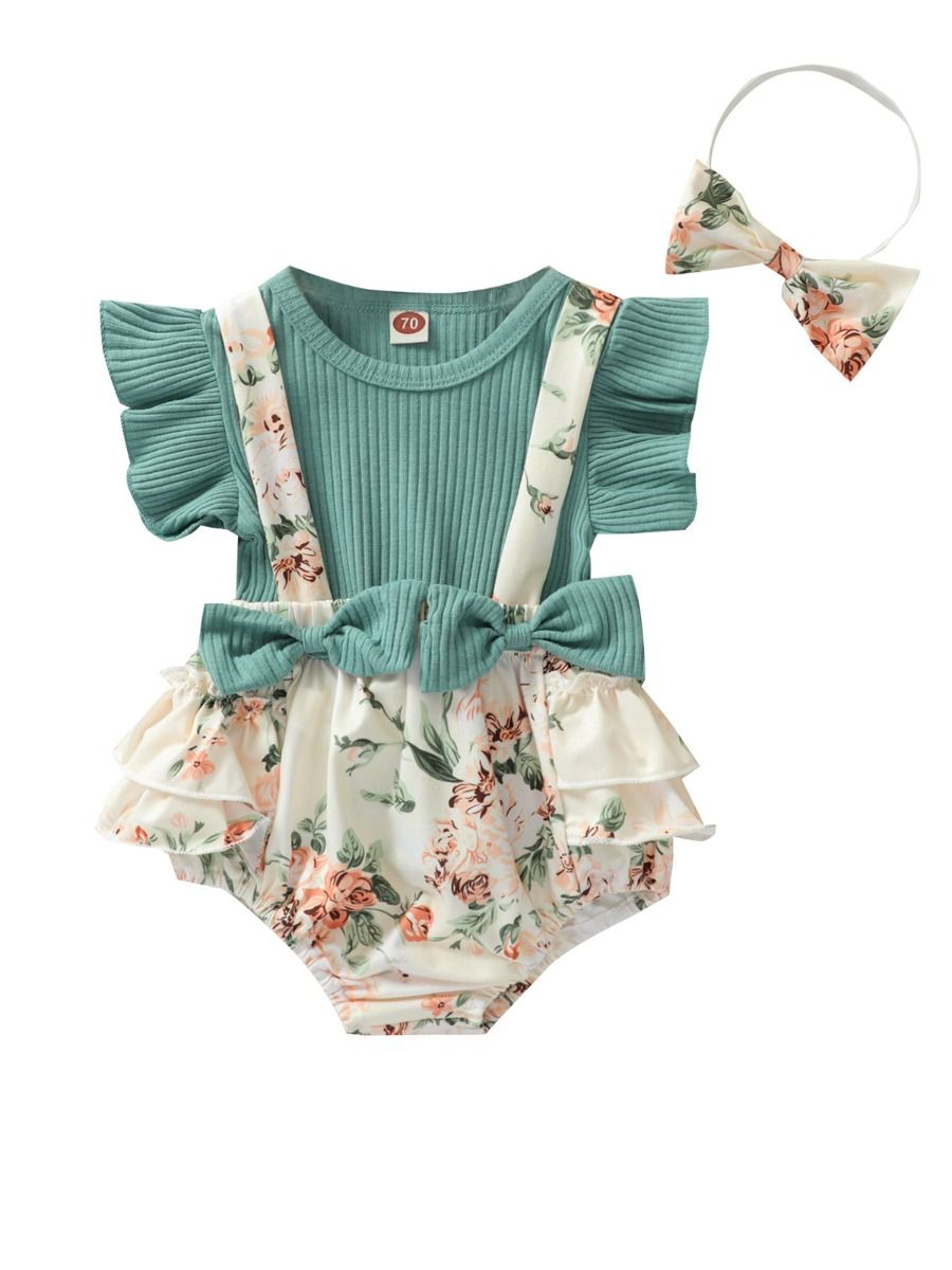 Wholesale Fake Two Pieces Ribbed Flower Print Baby Girl