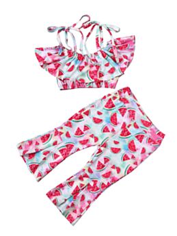 2-Piece Fashion Toddler Girl Melon Tie Crop Top and Bell-bottoms Set