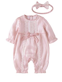 2 Pieces Autumn Infant Girl Lace Trim Pink Jumpsuit Matching Headband