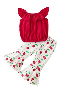 2 Pieces Toddler Girl Off Shoulder Top Matching Cherry Trousers Set