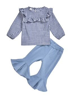 2 Pieces Kid Girl Stripe Blouse Matching Flared Trousers Outfit