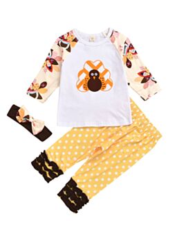 3 Pieces Kid Girl Thanks Giving Outfit Turkey Top & Polka Dots Pants & Headband