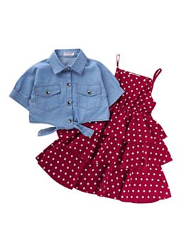 2 Pieces Kid Girl Polka Dots Layered Cami Dress With Denim Shirt