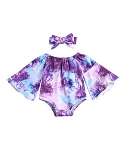 Two Pieces Baby Girl Flared Sleeve Tie Dye Off Shoulder Bodysuit And Headband 