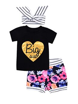 3-Piece Baby Girl Letter Love Heart Top & Flower Short & Headband Set