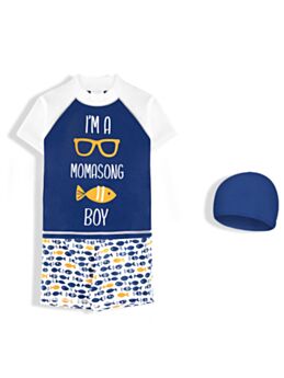 3 Pieces Boy Letter Fish Print Swimsuit Top Shorts Hat