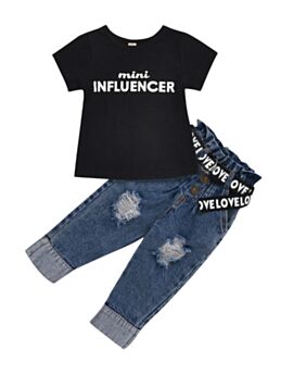 Two Pieces Letter Print Kid Girls Outfits Sets T-shirt And Jeans With Belt 210730762